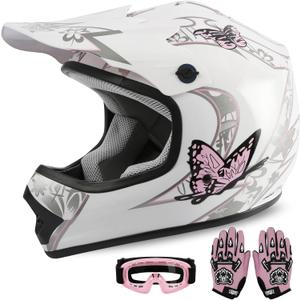 XFMT Kids Dirt Bike Helmet Youth Motorcycle Helmet DOT-Certified Full Face Helmets for Motocross ATV Off-Road Street Bike with Goggles & Gloves, Pink Butterfly Medium