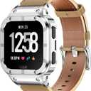 Leather Bands with Stainless Steel Case Compatible with Fitbit Versa 1 2 3 4 Lite Sense 2 1 Protective case for men (Brown/Silver Case)