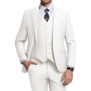 Men's 3 Piece Slim Fit Suit Set, Two Button Blazer Solid Jacket Vest Pants Wedding Business Suit (Medium, Ivory)