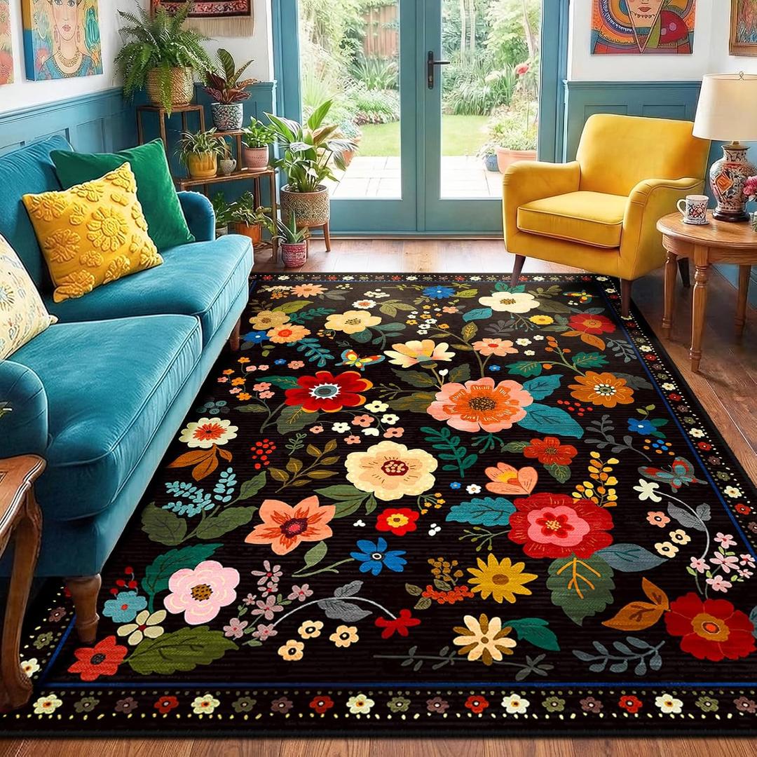 RELEANY Floral Nursery 6x9 Area Rugs Washable Print Boho Cute Carpet Non Slip Flower Low Pile for Living Room Kids Girls Playroom Bedroom Kitchen Office Farmhouse-Black