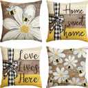 AVOIN colorlife Home Sweet Home Bee Daisy Throw Pillow Covers, 16 x 16 Inch Love Lives Here Spring Summer Stripes Polka Dots Cushion Case for Sofa Couch Set of 4