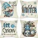 Fahrendom Hello Winter Blue Gnome Decorative Pillow Cover 18 x 18 Set of 4, It's Cold Outside Snowflakes Coffee Let It Snow Farmhouse Pillowcases, Christmas Buffalo Plaid Wooden Tiered Tray Decors