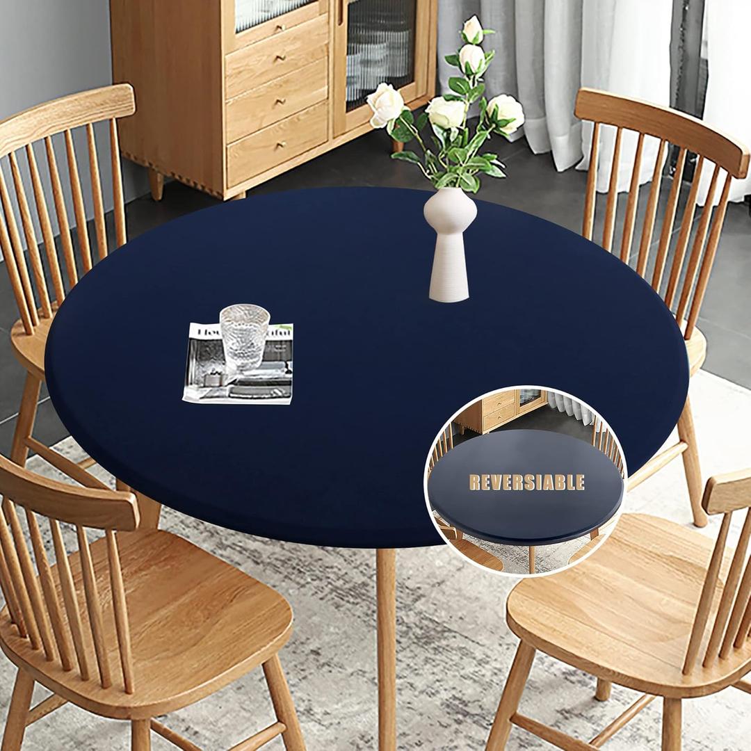 Obstal Fitted Round Table Cloth, Reversible Waterproof Stain Resistant Elastic Stretch Tablecloth, Wipe Clean Table Cover for Outdoor/Indoor Use, Fits Round Tables up to 40" - 44" Diameter, Navy