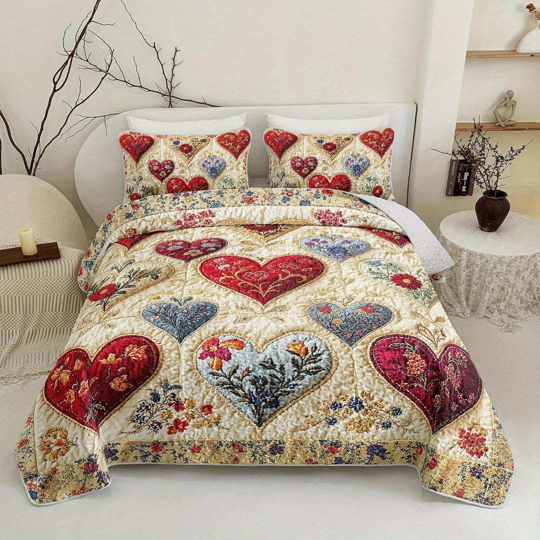 Floral Heart Patchwork Quilt King Size for Teens Adults Room Decor,Floral Romantic Bedspread Sets King Size Lovely Bedroom Decor,Bohemian Bed Cover Set for Boys Girls Room Decor (Cg250812 3)