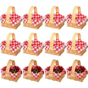 Geelin 10 Pcs Christmas Mini Woven Basket with Handle 20 Sheet Red and White Gingham Paper Napkins Wood Chip Mini Flower Fruit Picnic Basket Chip for Christmas Wedding Party Gift Decoration (Medium)