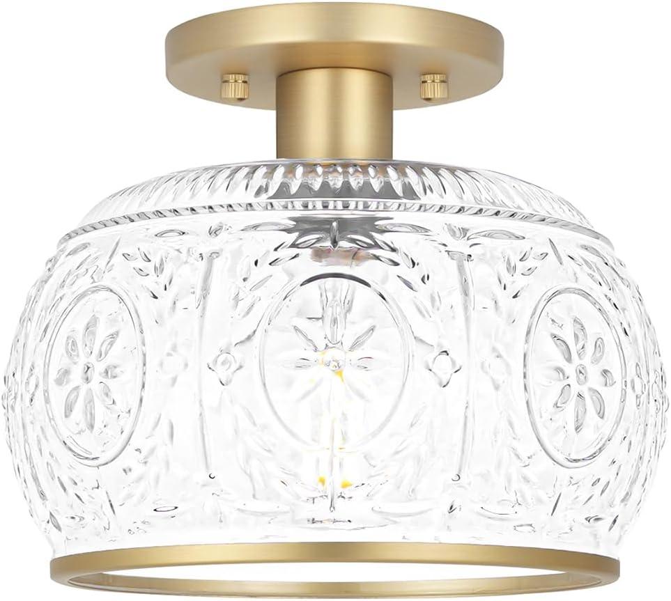 Gold Semi-Flush Mount Ceiling Light with Globe Glass  Vintage Ceiling Lighting for Hallway, Kitchen, Entryway, Bathroom & Closet (7.68in-ceiling)