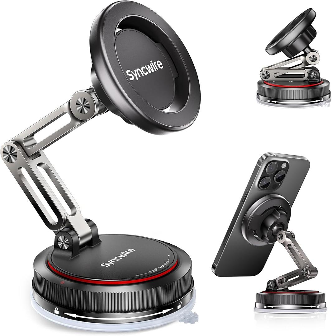 SYNCWIRE for MagSafe Car Mount [3-Axis] Nano Adhesive Gel + Strong Suction Cup Magnetic Phone Holder for Dashboard & Windshield, 360° Adjustable for iPhone 17 16 15 14 13 12, Samsung, Matte Black