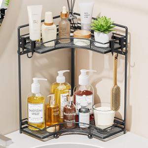 VITVITI 2-Tier Corner Bathroom Counter Organizer, Bathroom Countertop Organizer Storage for Sink, Metal Mesh Makeup Organizer for Vanity Countertop Kitchen with Hooks, Black
