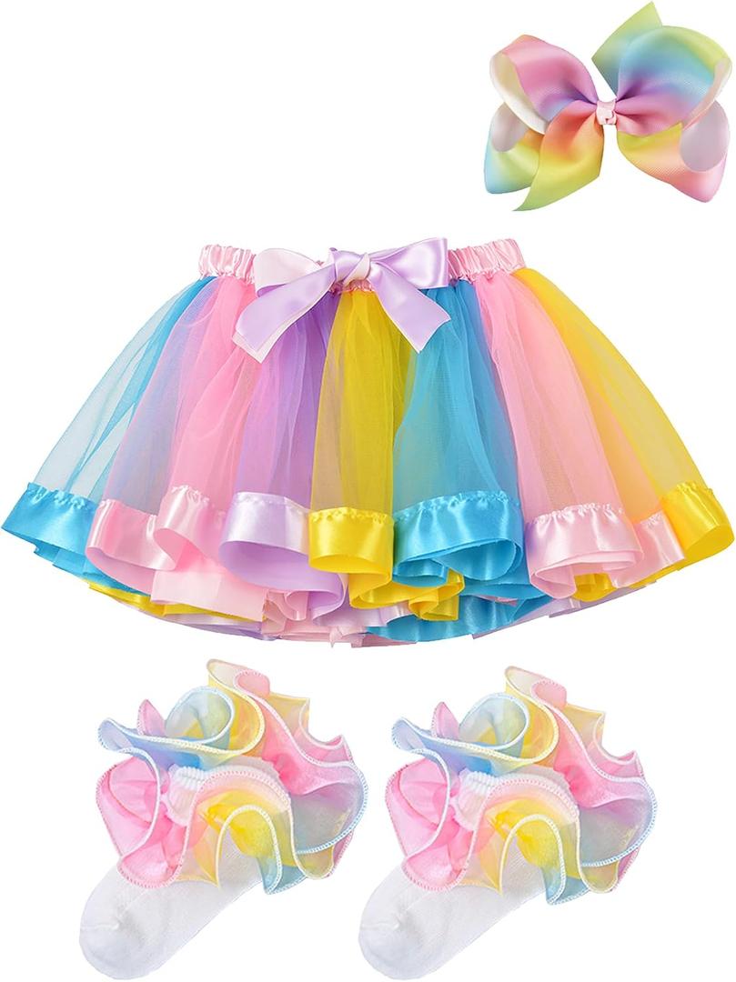 BGFKS Girls Layered Tulle Rainbow Tutu Skirt Sets,Toddler Girl Skirt with Linging,Hairbow and Socks, 2-4T, Light Rainbow