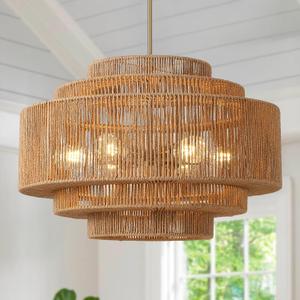 MeiShiDeng 25.6" Boho Rattan Chandelier, 6-Light Large Wicker Light Fixture