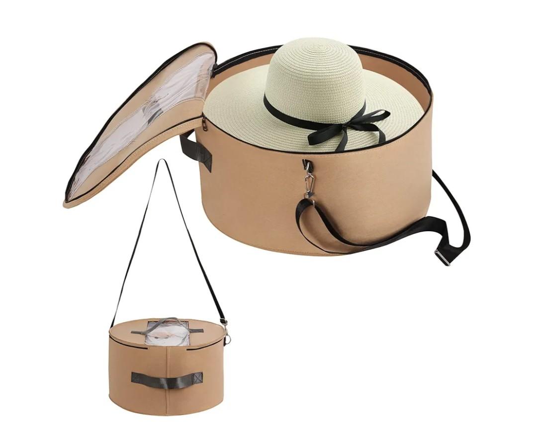 Hat Organizer for Women and Men, Round Hat Storage Box Portable Felt Hat Container Foldable Hat Holder with Dust Proof Lid, Hat Rack for Closet or Travel (17" D x 10" H, Khaki)