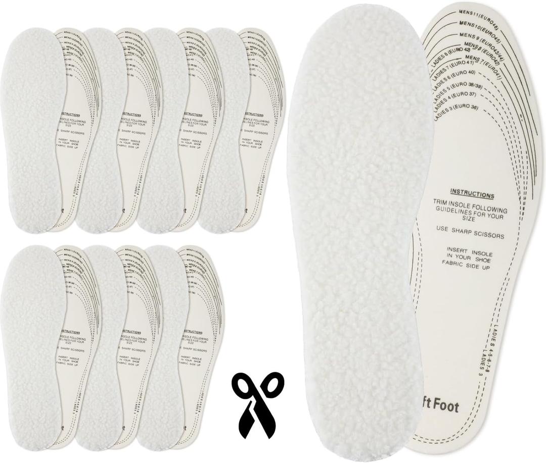 Handepo 10 Pairs Wool Shoe Insoles for Weather Cold Cut to Size Sheepskin Insoles Women Fluffy Wool Fleece Insole Unisex All Size Cozy Inner Warm with Dimension Chart Imitation Wools Insole
