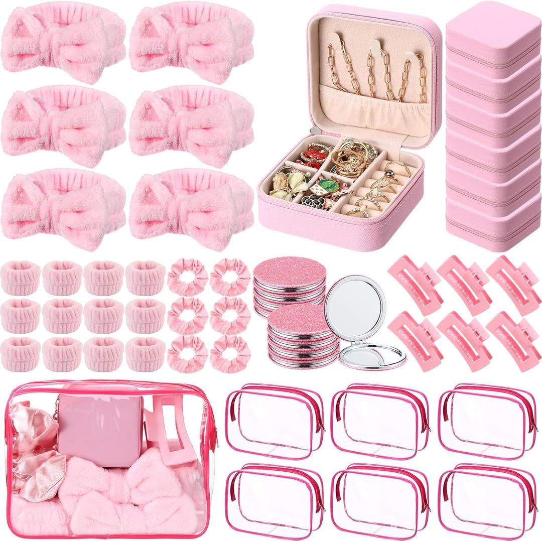 Spa Party Favors Sleepover Party Supplies Bow Headband Wristband Scrunchies Hair Clip Jewelry Case Makeup Bag Mirror for Women Bridesmaid Gifts Graduation Gift(Pink,96 Pcs)