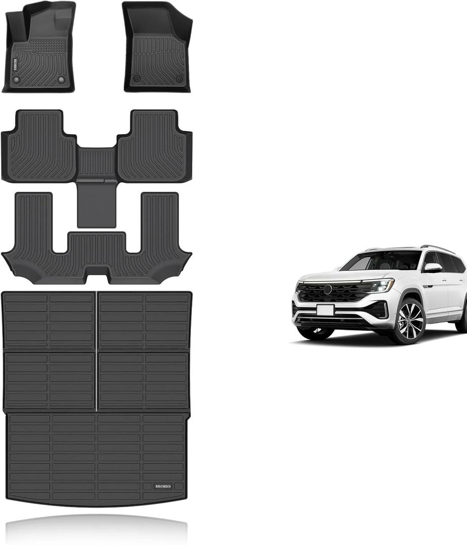 KELCSEECS Floor Mats & Cargo Liner Custom for Volkswagen Atlas 2025 2024-2018 (Count of 5 Passenger Bucket) All Weather Protection Anti-Slip TPE Floor Liners Full Set Volkswagen Atlas Accessories Black