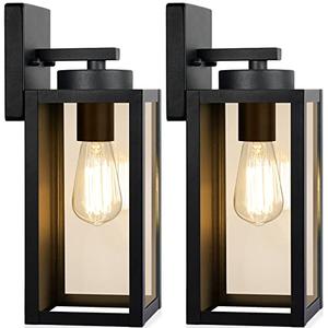 Outdoor Wall Light Fixtures, Exterior Waterproof Wall Lanterns, Porch Sconces Lighting with E26 Sockets & Glass Shades, Modern Matte Black Outside Lights for Patio Front Door Entryway Garage, 1-Pack
