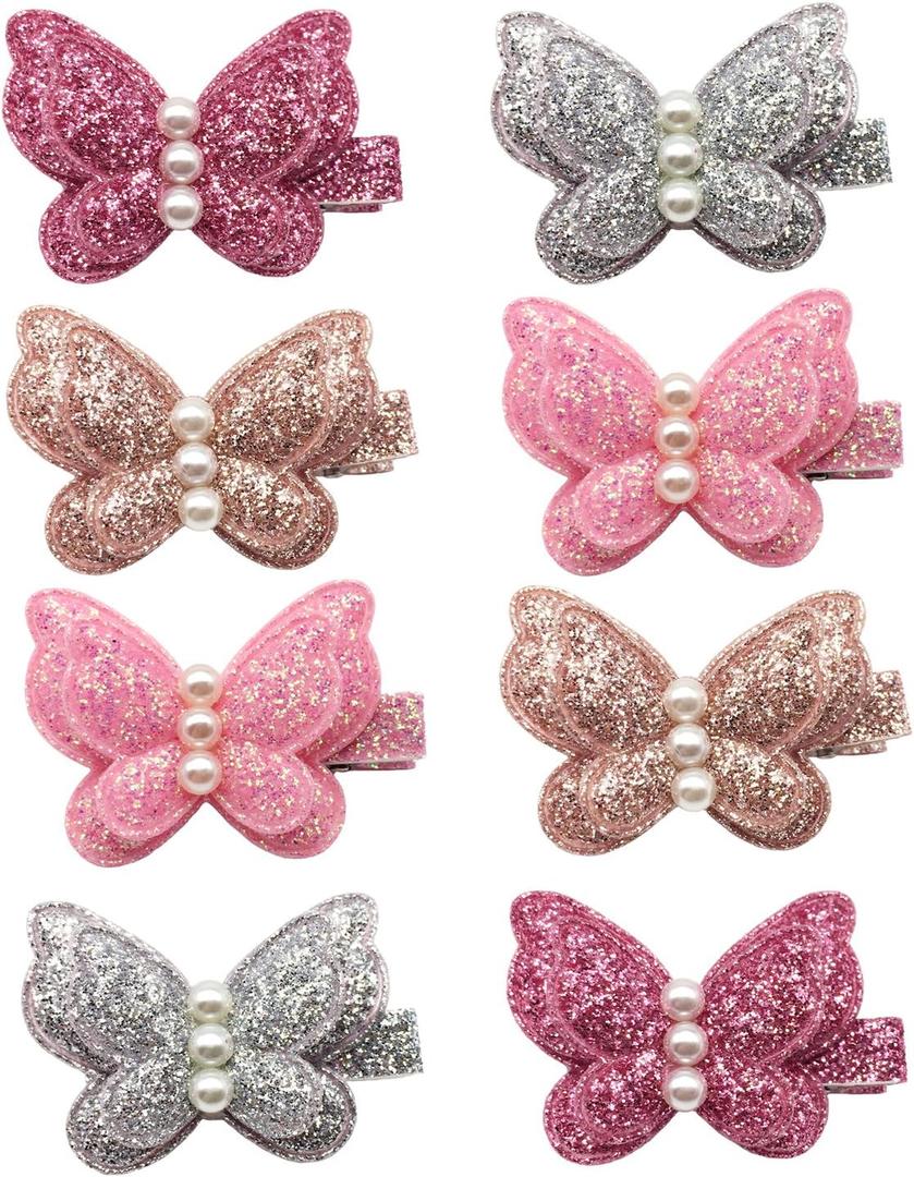 8pcs Baby Girl Hair Clips Toddlers Infants Kids Hair Butterfly Snap Clips Barrettes (8pc- Sequins Pearl Butterfly)