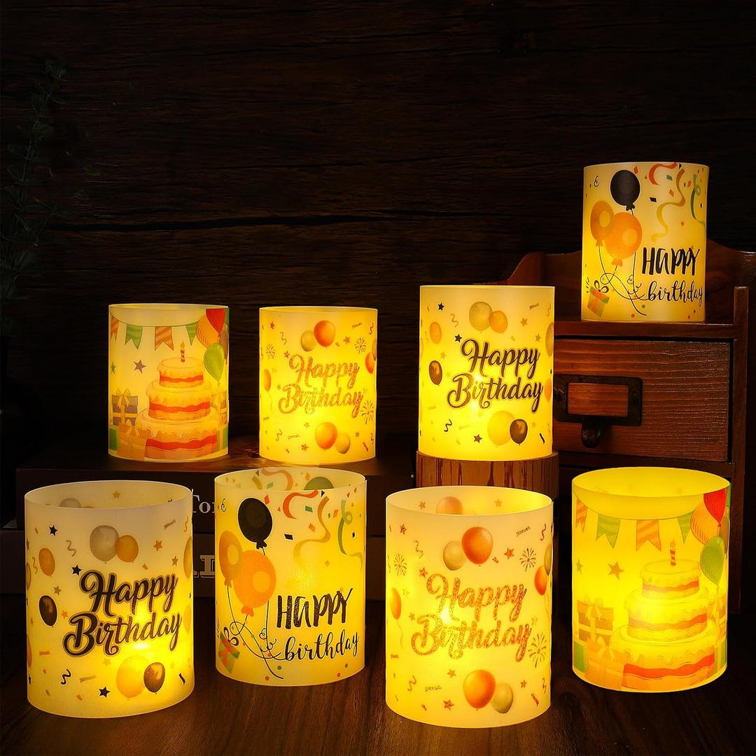 Happy Birthday Table Centerpiece Decorations, 8 Sets Birthday Centerpieces Lantern Boxes & LED Tea Lights, Flameless Votive Candle Holders for Birthday Party, Candle Shade Cover Sleeve for Home Office (Black and Red)