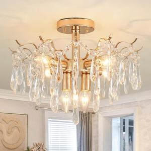 17 Semi Flush Mount Ceiling Light K9 Crystals Classic 6-Lights Brass Chandelier Modern Ceiling Lighting Fixtures for Bedroom Living Room Dining Room Kitchen Hallway, UL Listed