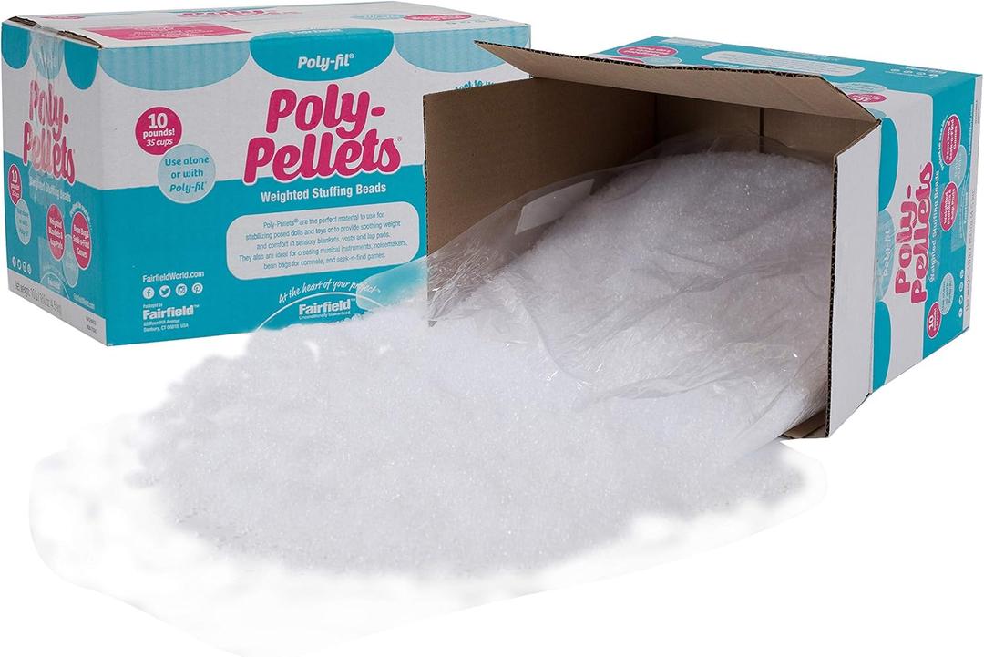 Fairfield Poly-Fil Poly-Pellets, Premium Polyester Weighted Stuffing Beads, Stuffing for Stuffed Animals, Toys, Bean Bags, Weighted Blankets, and More, 10-Pound Box, White, 10 lb