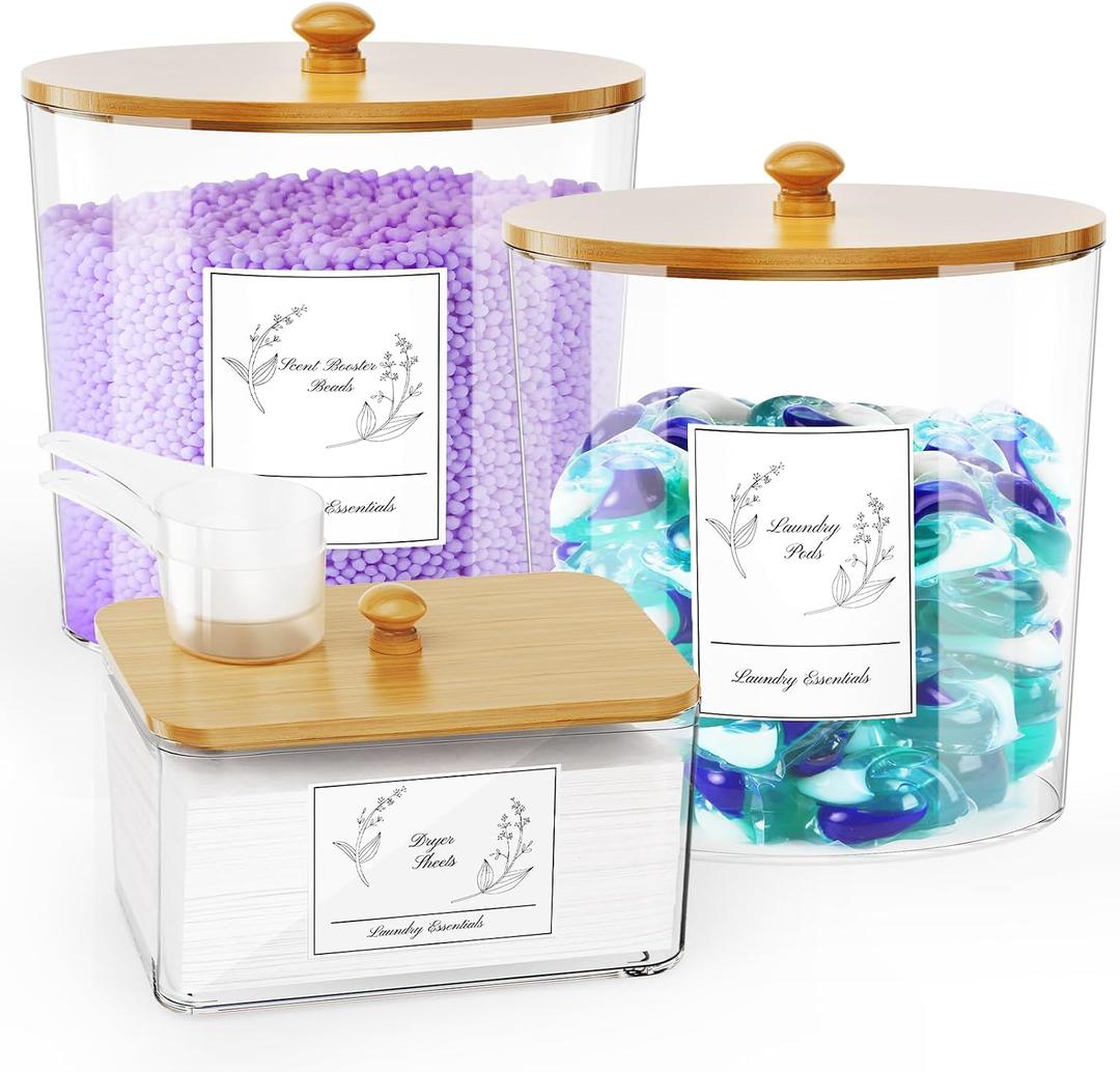 COAZEX 3 Pack Laundry Powder Container & Dryer Sheet Holder, Large Plastic Laundry Room Organization and Storage Jars with Lids, Labels & Scoops for Powder, Detergent, Scent Booster
