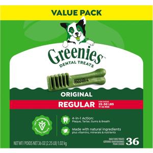 Greenies Veterinarian-Recommended Adult Natural Dental Dog Treats Regular Size, Dog Dental Chews, Original Flavor, 36 oz. Pack, 36 Count (EXP 07/22/27)