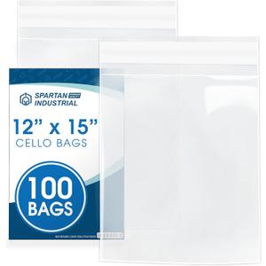 12" X 15" Self-Sealing Cellophane Bags (100 Count) Clear Poly Packaging for Clothing, Prints, Photos, Documents - Reinforced Resealable Cello Bags for Small Business Shipping - Spartan Industrial