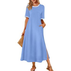 MEROKEETY Women's 2026 Summer Casual Maxi Dress Spring Beach Vacation Short Sleeve Crewneck Split Midi T Shirt Dresses (S)