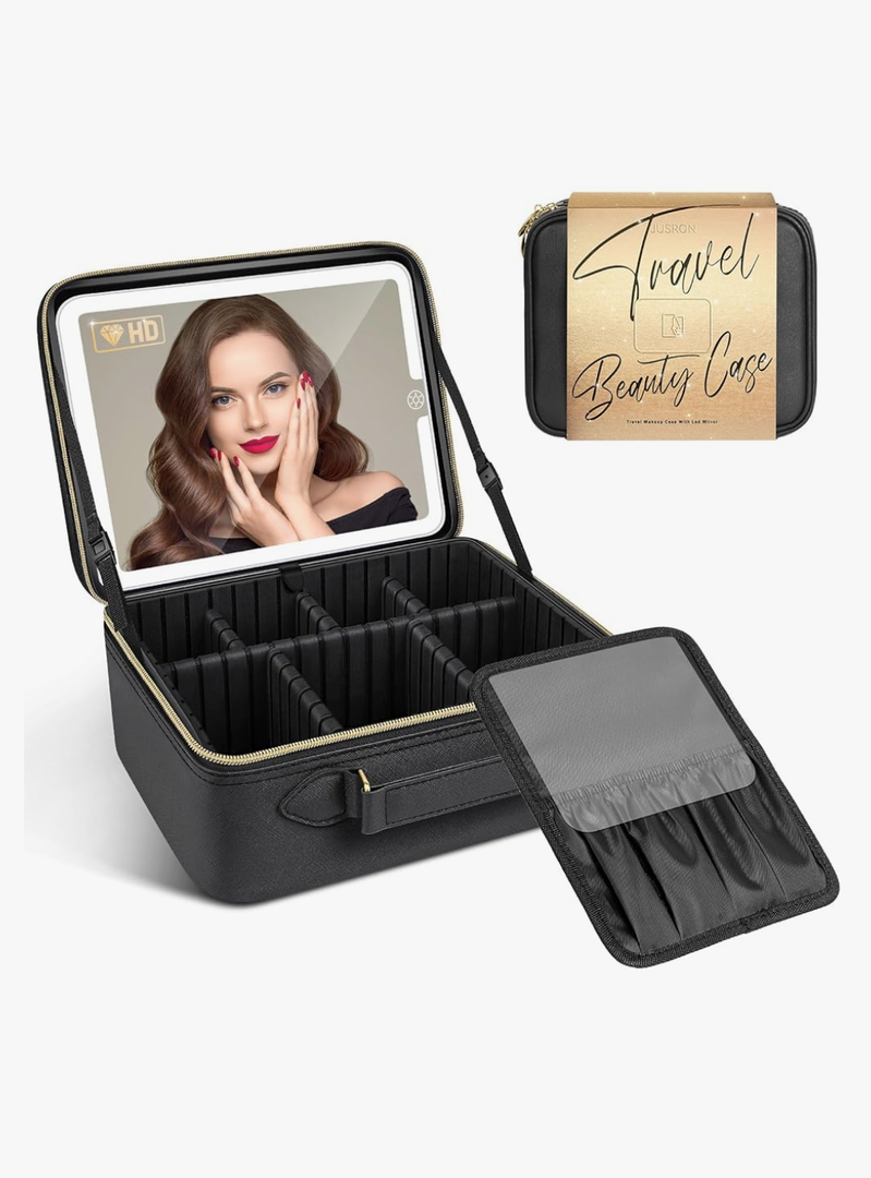JUSRON Travel Makeup Bag With LED Mirror,Train Case with Light up Mirror, Portable Makeup Artist Organizer Bag with Adjustable Dividers, Makeup Brush Holder Storage(Black, Large)