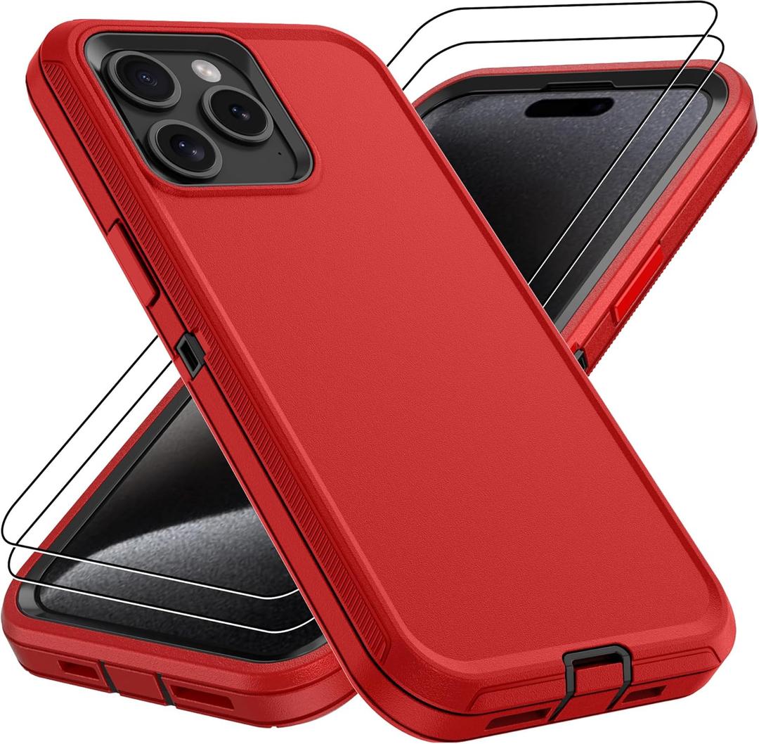 Pilaru for iPhone 15 Pro Max Case : iPhone 15 Pro Max Case with 2Pc Screen Protector, Shockproof/Dustproof/DropProof 14FT Military Grade Drop Protection Protective Case for iPhone 15 Pro Max-Red