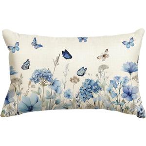 AVOIN colorlife Spring Blue Hydrangea Throw Pillow Cover, 12 x 20 Inch Dandelion Butterfly Summer Cushion Case Decoration for Sofa Couch