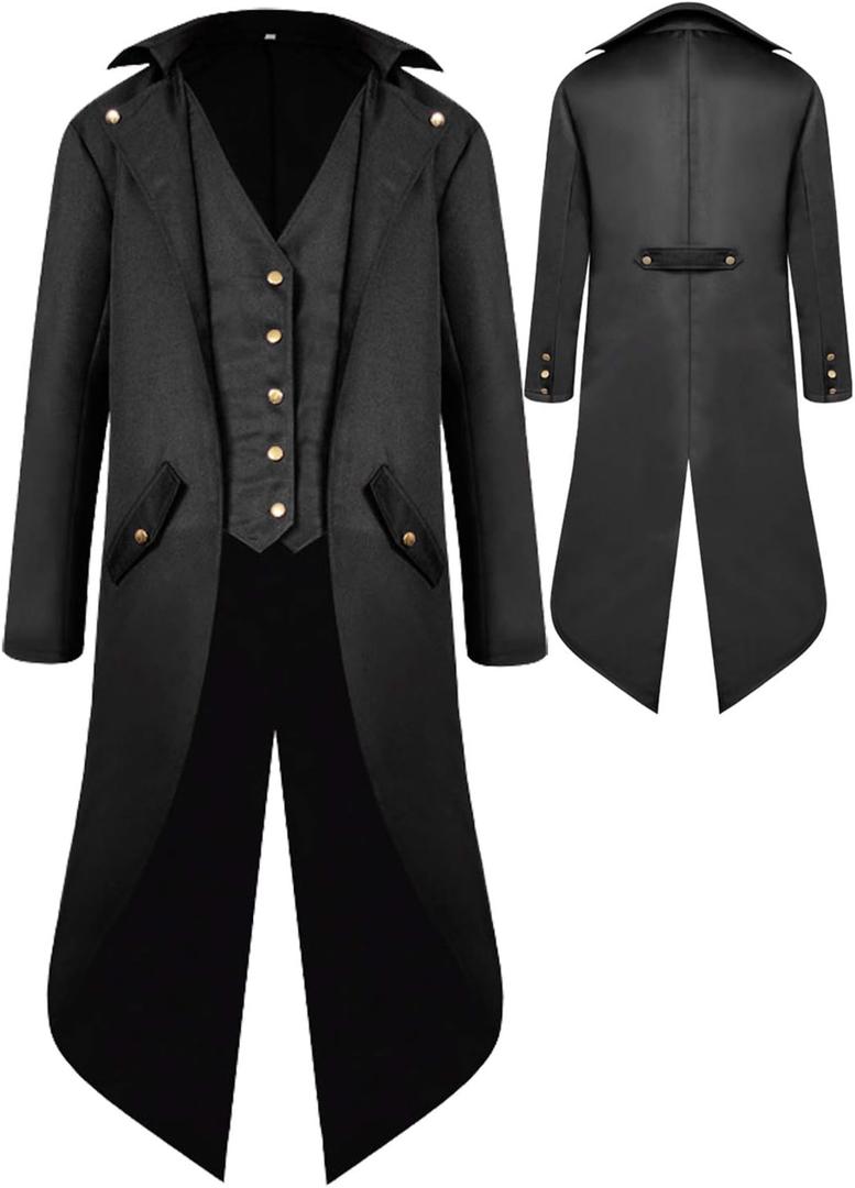 SIAEAMRG Renaissance Steampunk Tailcoat Halloween Costumes for Boys, Medieval Pirate Vampire Victorian Jacket Frock Coat Kids (Medium, Black)
