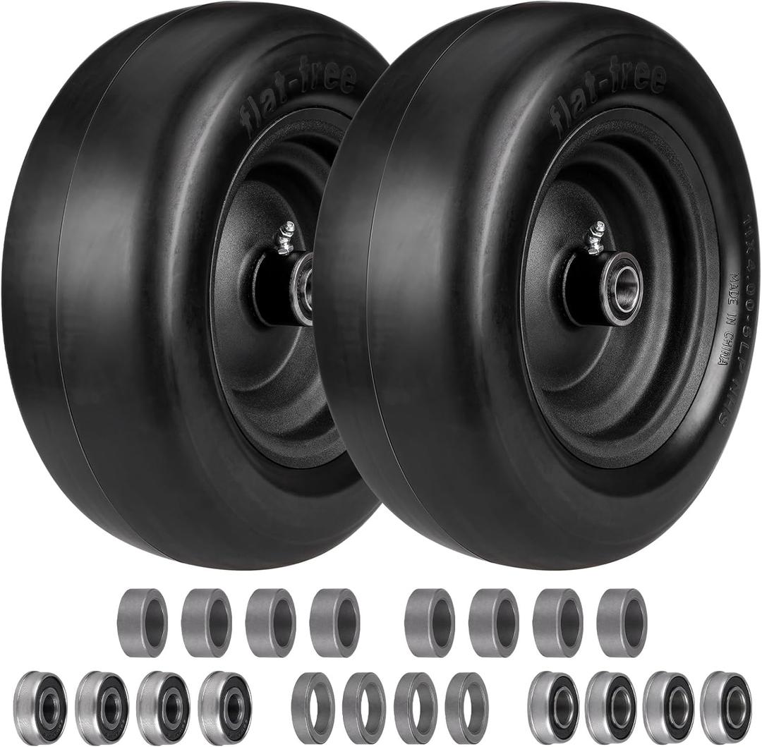 11x4.00-5 Lawn Mower Tires Flat Free, Solid Smooth Tires and Wheels with 3/4" & 5/8" & 1/2" Ball Bearings, 3.4"-7.4" Centered Hub Lawn Mower Front Tires, for Zero-Turn Lawn Mowers, 2 Pack, Black