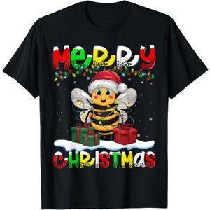 Xmas Lighting Santa Hat Bee Merry Christmas T-Shirt