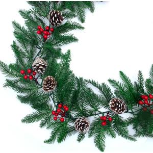 6FT Christmas Garland with Lights,Battery Operated 25 LED 9 Modes with Pine Cones Red Berries Branches Garland Christmas Decorations for Indoor Outdoor Home, Perfect for Festive Xmas Decor