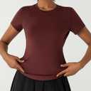 Workout Tops for Women Athletic Tops Short Sleeve Shirts-Cropped Slim Fit Gym Running Yoga T Shirts (Brown, M)