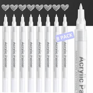 AKARUED White Paint Pen Acrylic Marker: 8 Pack 0.7mm White Paint Marker for Black Paper, Metal, Wood, Plastic, Ceramic, Metallic, Rock Painting, Drawing, Extra Fine Point, Ideal for Artist & Students