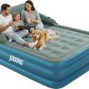 JEASONG Premium Queen Air Mattress with Built-in Rechargeable Pump and Detachable Headboard - 19 Inch Elevated Blow Up Mattress with Cup Holders,Portable Air Bed for Home & Camping Use