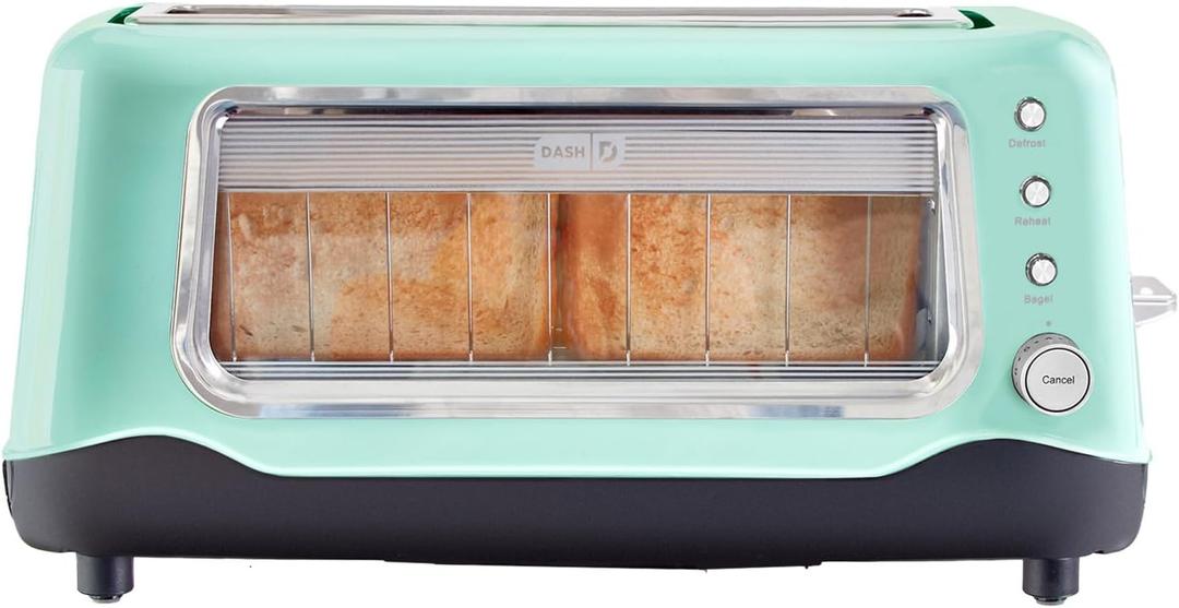 DASH Clear View Toaster - Compact Design with 7 Browning Levels & Clear-View Window, Extra-Wide Slot Large Toaster, 1-Touch Defrost, Reheat & Bagel Functions - Easy Clean Up Crumb Tray (Aqua)