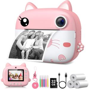 Kids Camera Instant Print, 3.0" HD Screen Kids Instant Cameras, Christmas Birthday Gifts for Girls Boys 3 4 5 6 7 8 9 10 Year Old, Portable Toddler Travel Toys with 32GB Card & 3 Rolls Printer Paper (Dark Pink)