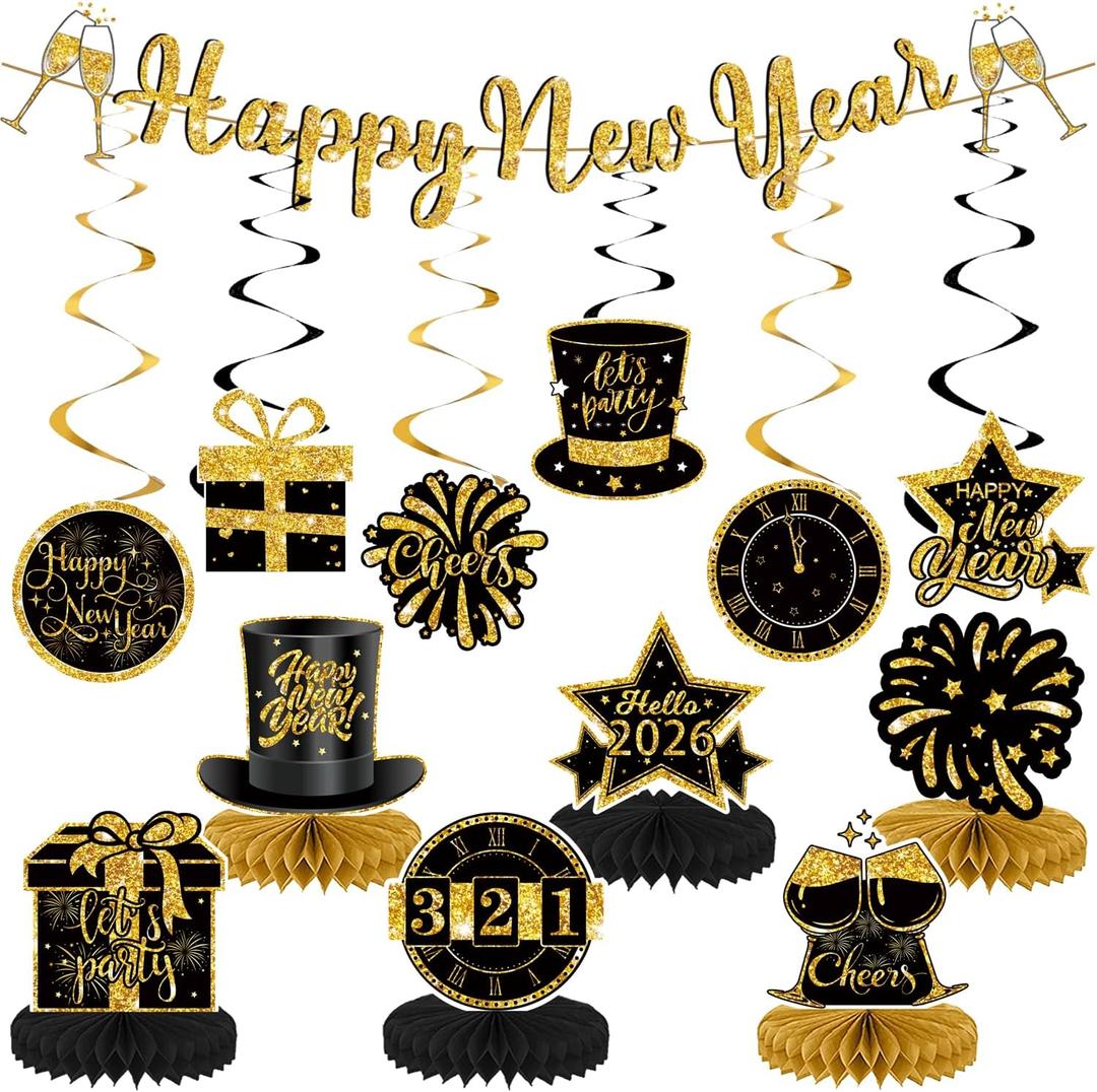 Happy New Year Decorations 2026 Kits, New Year Eve Party Supplies with Banner Hanging Swirl Streamers Table Centerpieces Table Toppers Decor for NYE Decorations