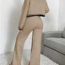WDIRARA Women's Contrast Trim 2 Piece Outfit Button Down Crop Cardigan Wide Leg Pants Set Knit Outfits (Beige, M)