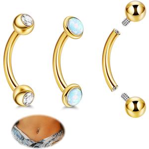 REVOLIA 3Pcs 14G Surgical Steel Small Belly Button Rings for Women Internally Threaded Round CZ Navel Rings Created Opal Curved Barbell Petite Belly Piercings Jewelry 10mm (Gold)