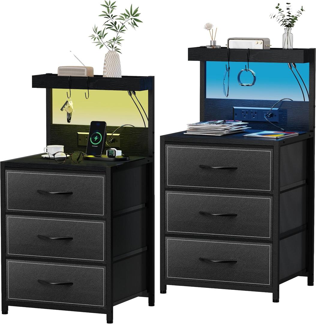 SZLHANJZ LED Nightstand Set of 2, Night Stand with 3 Drawers and Type C Charging Station, Storage End Table with Shelf and Hooks, Large Bedside Table for Dorm Bedroom, Black