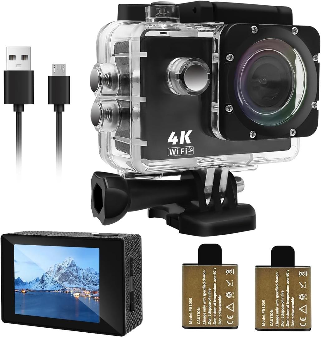 Action Camera 4K 30FPS, Waterproof Camera 30M Underwater Ultra HD 131FT 170Wide Angle Shooting, with 2 x 1050 mAh Batteries for Cycling, Ice Skating, Skiing, Fishing, Climbing