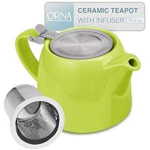 ORNA Ceramic Teapot with Tea Infuser  Small Tea Pot for Loose Leaf Tea  550ml / 18.6 Oz Porcelain Non-Stove Teapot for 2 Cups with Tea Strainer (Black)