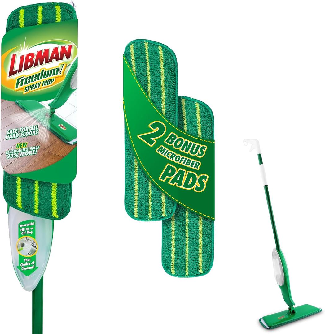 Libman Freedom Spray Mop Kit, Microfiber Wet Mops for Floor Cleaning, Hardwood, Laminate, Tile Cleaner, Household Tool, 24 Oz Solution Tank, Two Extra Replacement Refill Heads Included