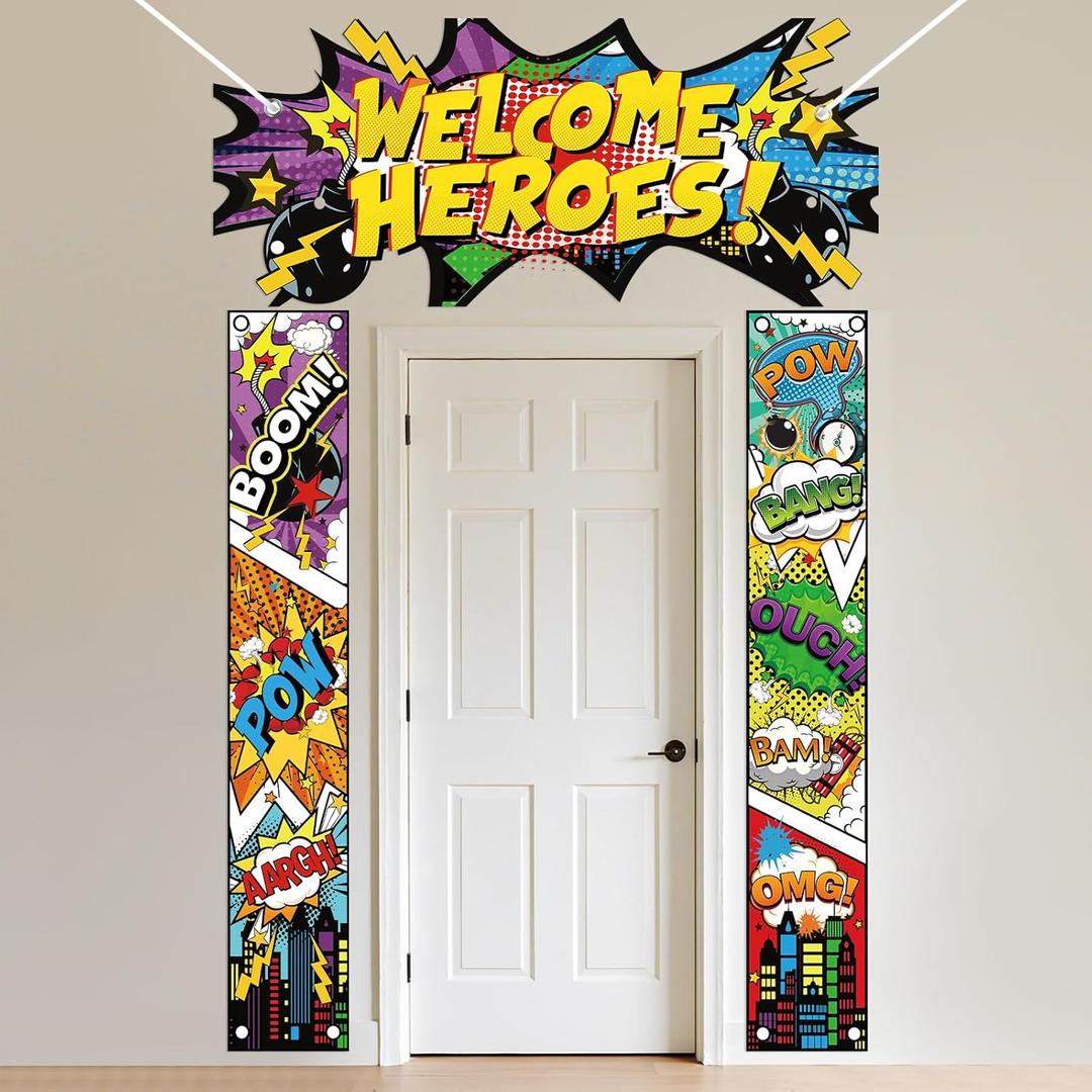 Hero Party Decorations Door Banner Welcome Heroes Porch Sign Archway, Comic Book Pop Art Theme Photography Backdrop Super City Door Banner for Kids Birthday, Classroom, Bedroom Decor, Baby Shower