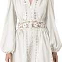 LAI MENG FIVE CATS Women's V-Neck Elegant Lace Long Sleeve Lantern Sleeve Button up Casual Mini Dress (Medium, White)