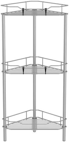 HuggieGems 3 Tier Floor Standing Corner Shower Caddy Organizer Shelf with Hooks, Bathroom Shelves Stand Rack, Gray