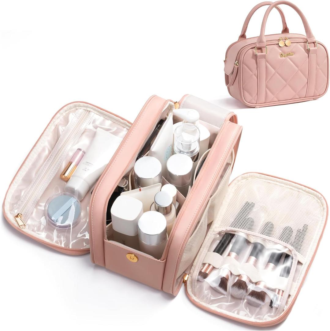 3 x Bagstellar Travel Makeup Bag, Large Capacity Quilted Toiletry Bag for Women Stand-up Cosmetic Bag Open Flat Make Up Case Organizer Portable Pouch Purse w/Handle for Traveling Accessories, Pink